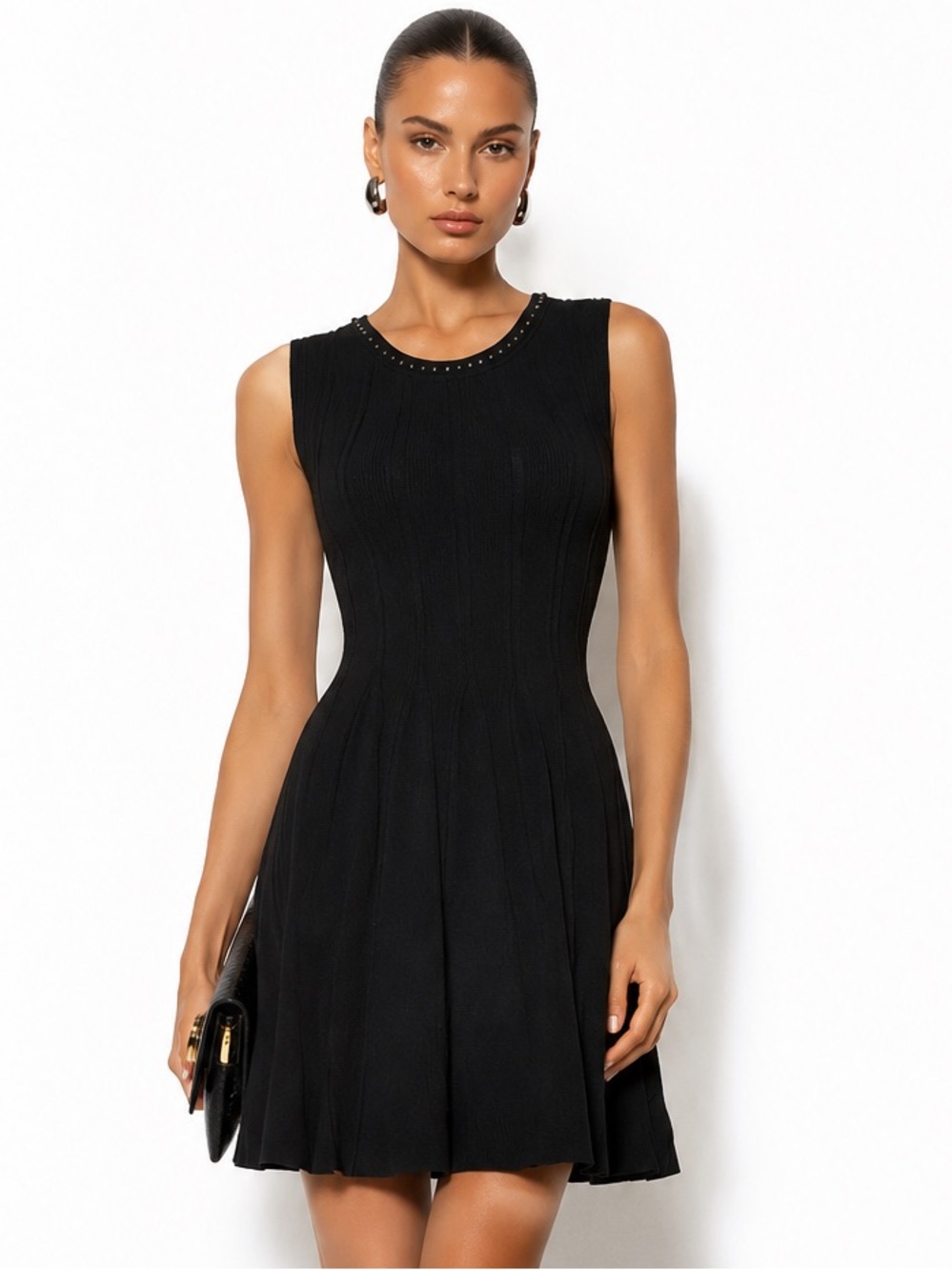 GUCCI Black Ribbed Knit Crystal Studded Fit & Flare Mini Dress S